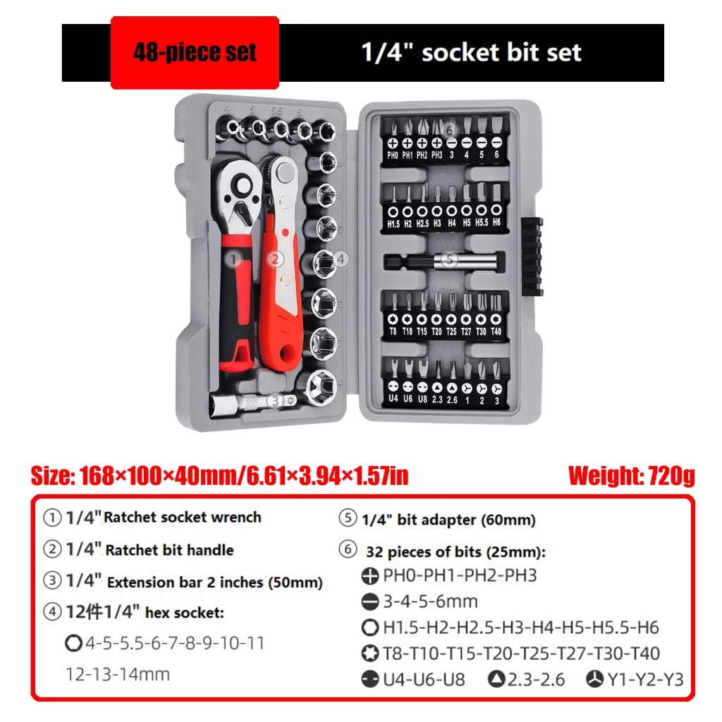 48Pcs Quick 1/4 Socket Wrench Ratchet Set Hexagonal Auto Repair Hand Tool