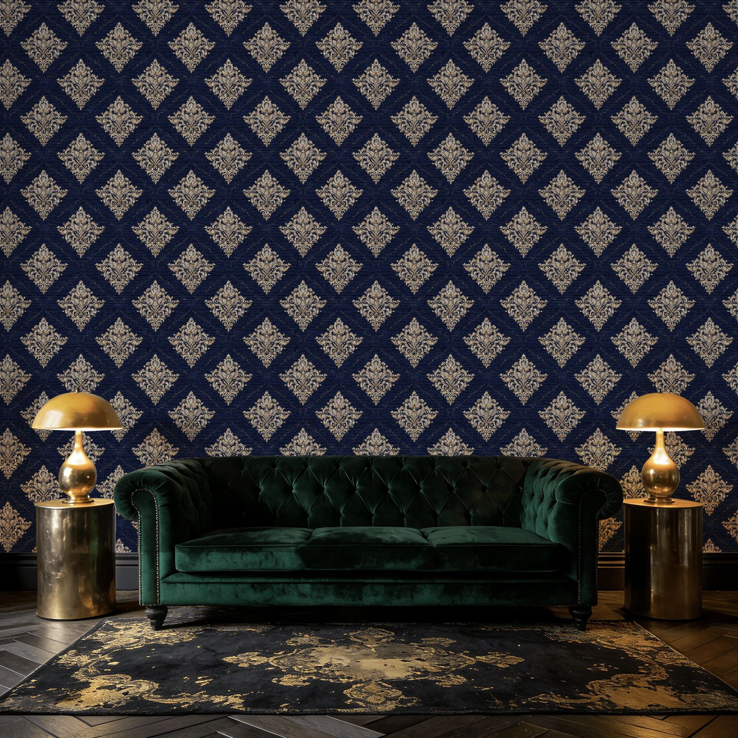 Baroque Peel and Stick Wallpaper Vintage Luxury Damask Ornate Gold Floral Navy Wall Mural 17.7in x 9.8ft Self Adhesive Removable Wall Paper Renter Friendly Wallpaper for Bedroom Livingroom Men