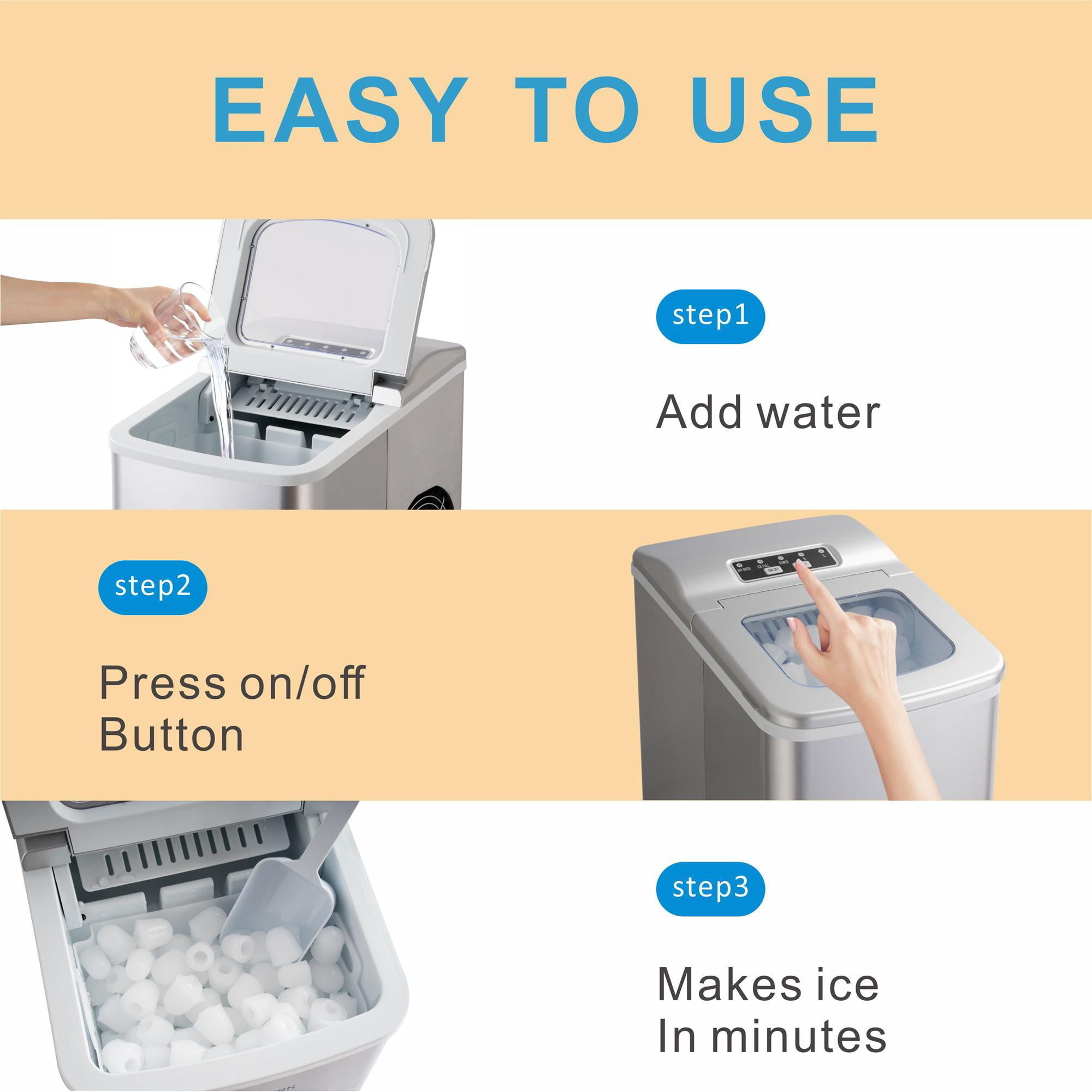 MeJa Ice Cube Maker for Home Kitchen Portable Counter Top Small Ice Cube Machine Electric Silent Ice Maker Machine with Scoop & Removable Basket Easy Operation 9 Ice Cubes Within 6-13 Minutes Silver