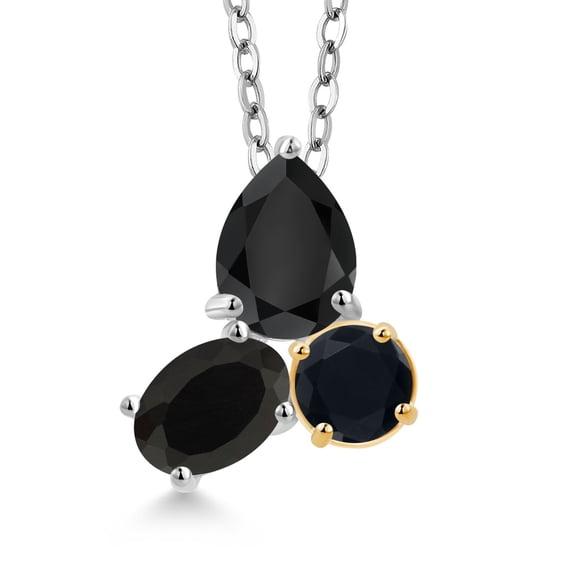 Gem Stone King 925 Silver and 10K Yellow Gold Black Onyx 3 Stone Pendant Necklace for Women | 2.27 Cttw | Gemstone December Birthstone | Pear Shape 8X6MM | Oval 7X5MM | Round 5MM | with 18 inch Chain