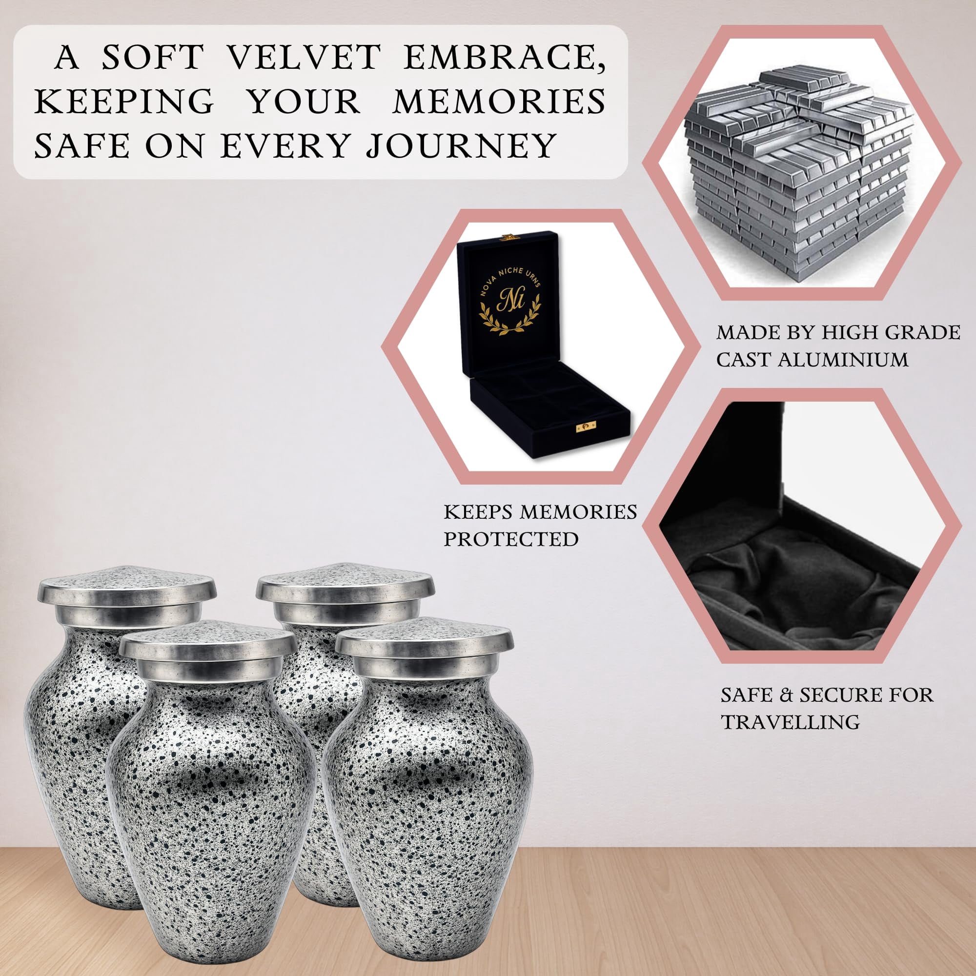 Nova Niche Urns Small Size Cremation Urn for Human Ashes, Mini Keepsake Set of 4 Black and Silver with Velvet Case