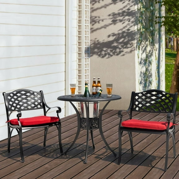 Nuu Garden 3 Pieces Cast Aluminum Outdoor Patio Bistro Set with Cushions, Patio Furniture Set with Umbrella Hole All-Weather Small Patio Table and Chairs,Black&Red