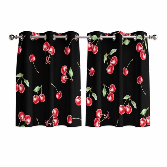 Cherry Rustic Kitchen Curtains Short 54 Inch Length, Spring Summer Tropic Fruit Black Grommet Top Bedroom Living Room Curtains, Light Filtering Cafe Curtain Drapes 2 Panels Set 84''x54''