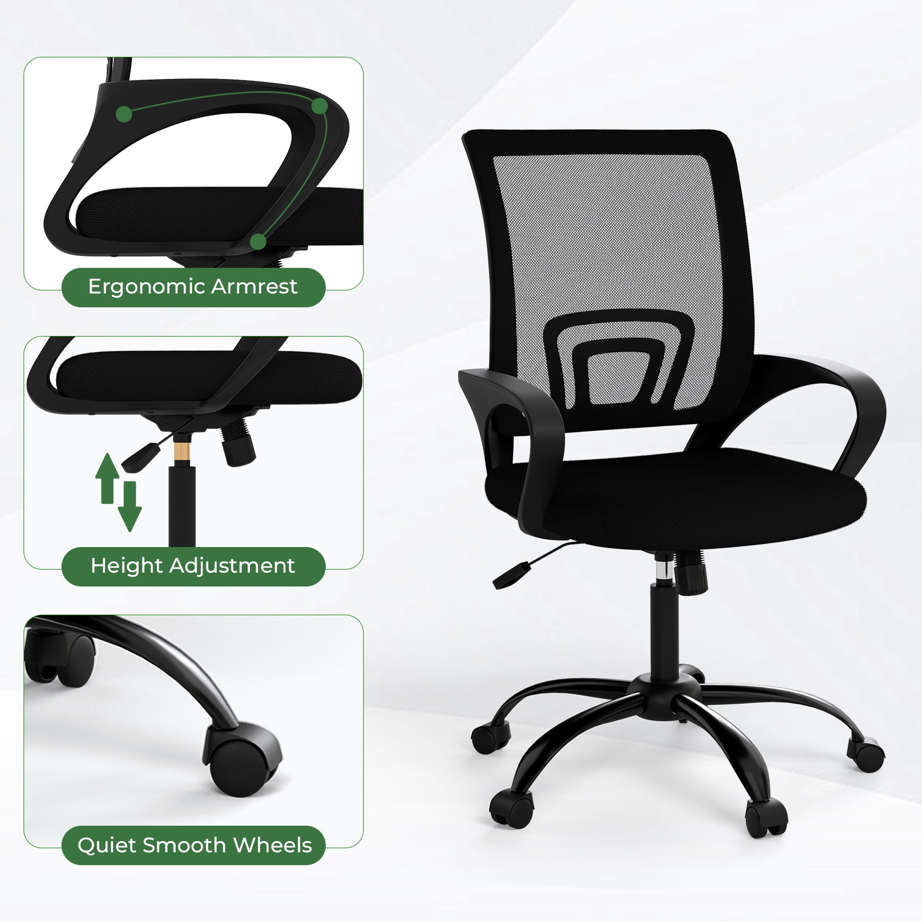 Bonzy Home Ergonomic Home Office Chairs Set of 4 with Adjustable Height and Lumbar Support, 360° Swivel Mesh Computer Desk Chair with Wheels & Armrests, Black