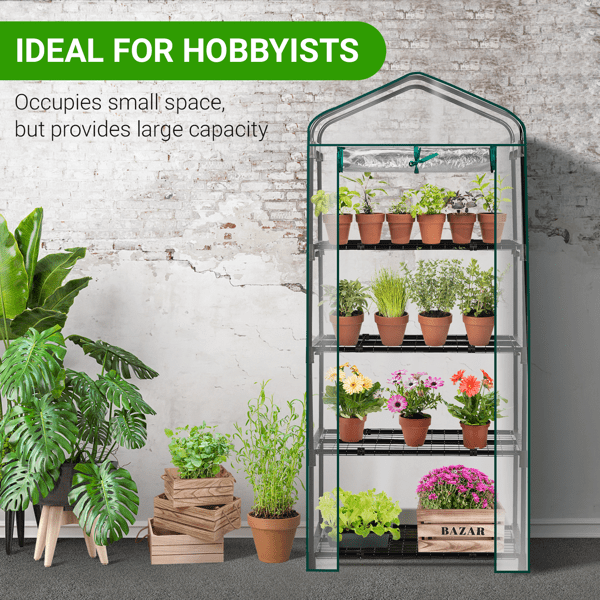 Alvantor 4 Tier Mini Greenhouse with PVC Cover, Roll-Up Zipper Door, Portable Indoor Outdoor Garden Plant Shelves, 27"x19"x62"