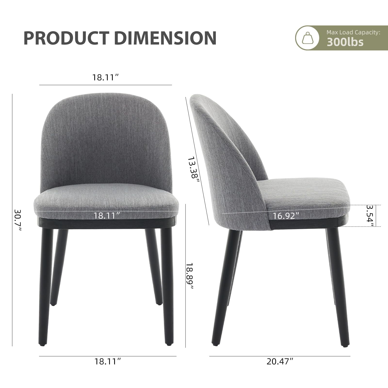 Memoryfield Dining Chairs Set of 2, Modern  Upholstered Kitchen Side Chairs with Curved Backrest, Gray