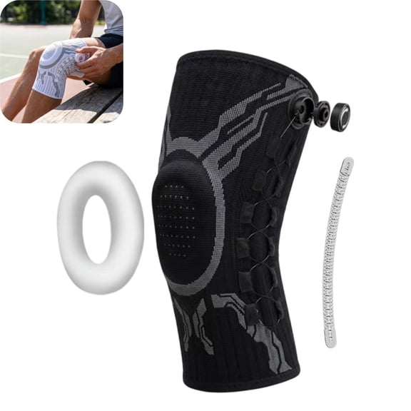 Adjustable Knit Knee Support Brace with Rotary Knob, Silicone Pad & Spring Stabilizers, Compression Knee Sleeve for Running Basketball Sports Black