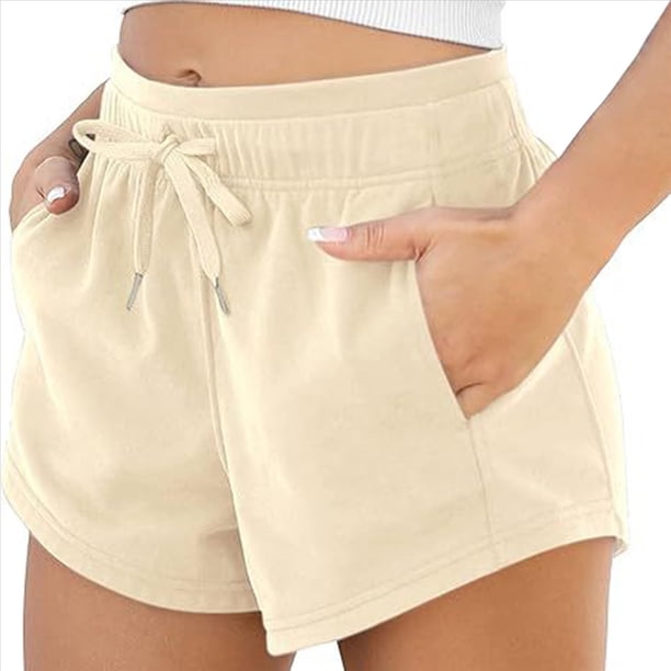 Pantalones Cortos Deportivos para Mujer con Bolsillos, de Algodón Francés, con Cordón Ajustable, para Hacer Ejercicio en Verano, Informales y Cómodos. Crema S