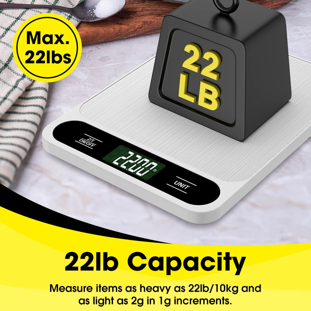 Food Scale White, 22lb/10kg Digital Kitchen Scale Grams and oz for Baking Cooking and Weight Loss, 1g/0.04oz Precise Graduation, Easy Clean Stainless Steel