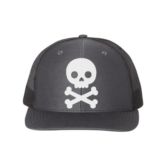 Skull Hat, Skull And Bones, Skull Trucker Hat, Baseball Cap, Bones, Skull Lover, Adjustable, 10 Different Colors!, Pirate Hat, White Text, Charcoal/Black