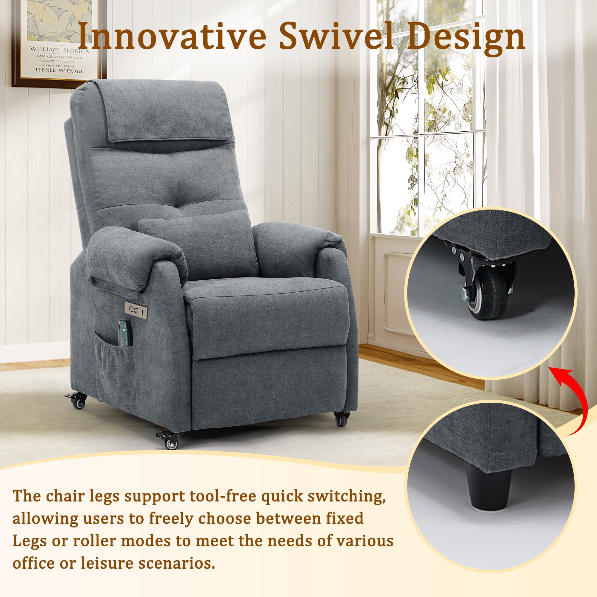 Korser Power Small Recliner Chair for Small Spaces with Wheels and USB Ports for Living Room,Charcoal Gray