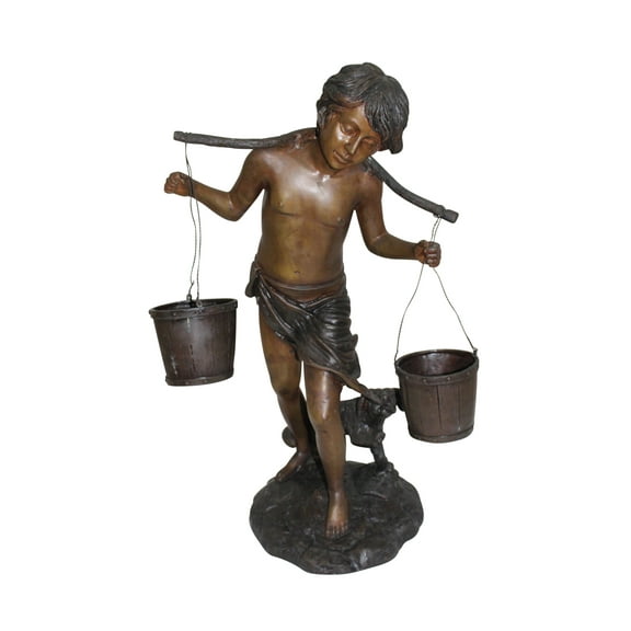 Nifao Boy with two buckets Bronze Statue – Home Office Decor Sculpture, 14.5"L x 10"W x 23"H