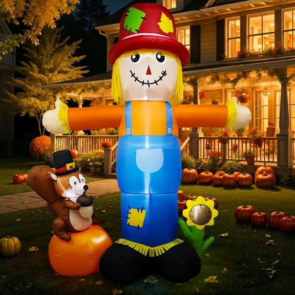 8ft Thanksgiving Inflatable Scarecrow - Outdoor Yard Decorations with LED Lights | Blow Up Scarecrow with Squirrel for Garden Lawn | Fall Inflatable Decor