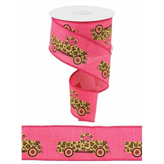 Leopard Truck on Canvas Wired Edge Ribbon, 10 Yards (Hot Pink, 2.5 Inch)
