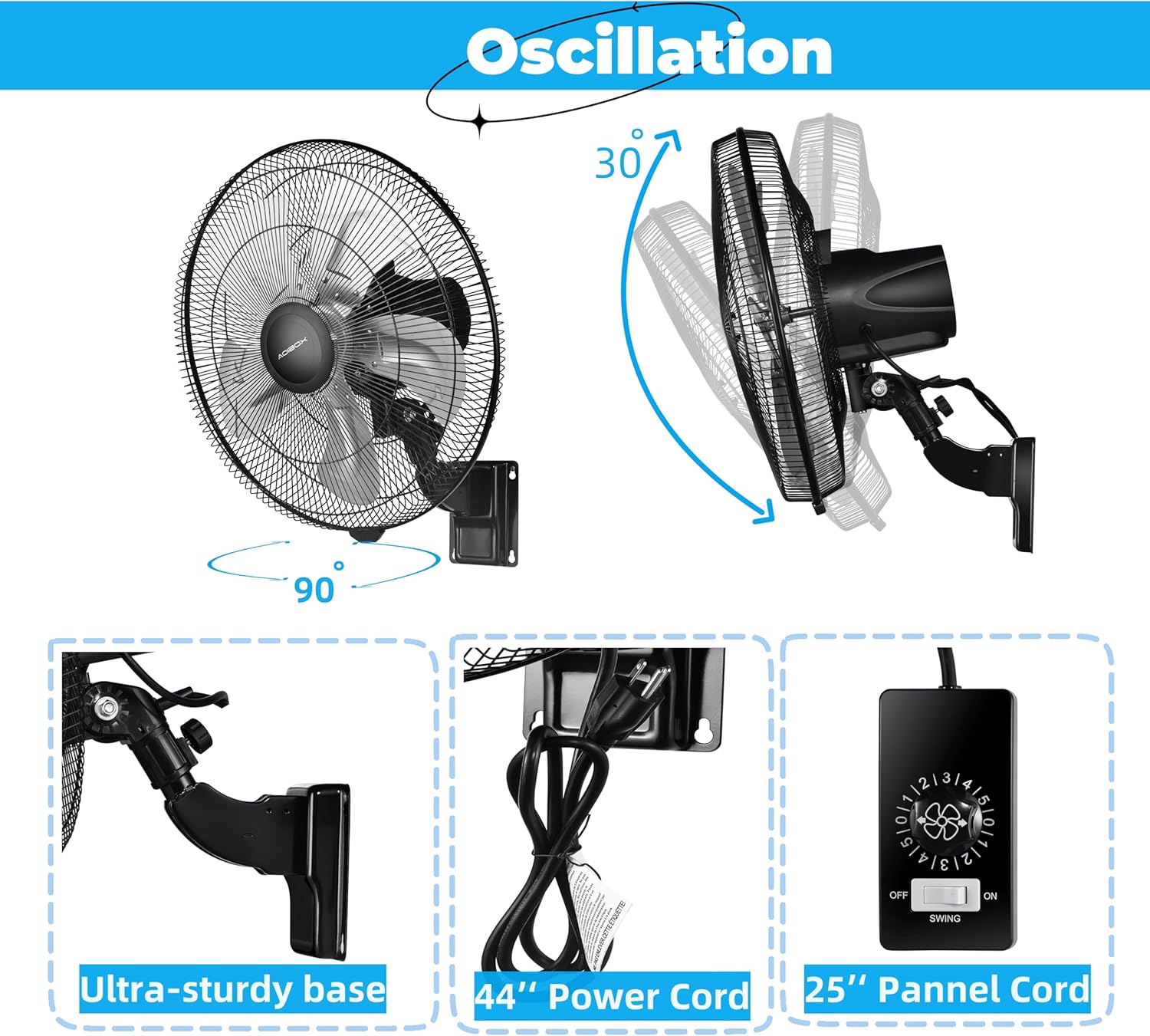 18-inch Indoor/Outdoor Black Wall Mount Fan for Household and Commercial Use, 5-Speed Settings, 90-Degree Horizontal Oscillation