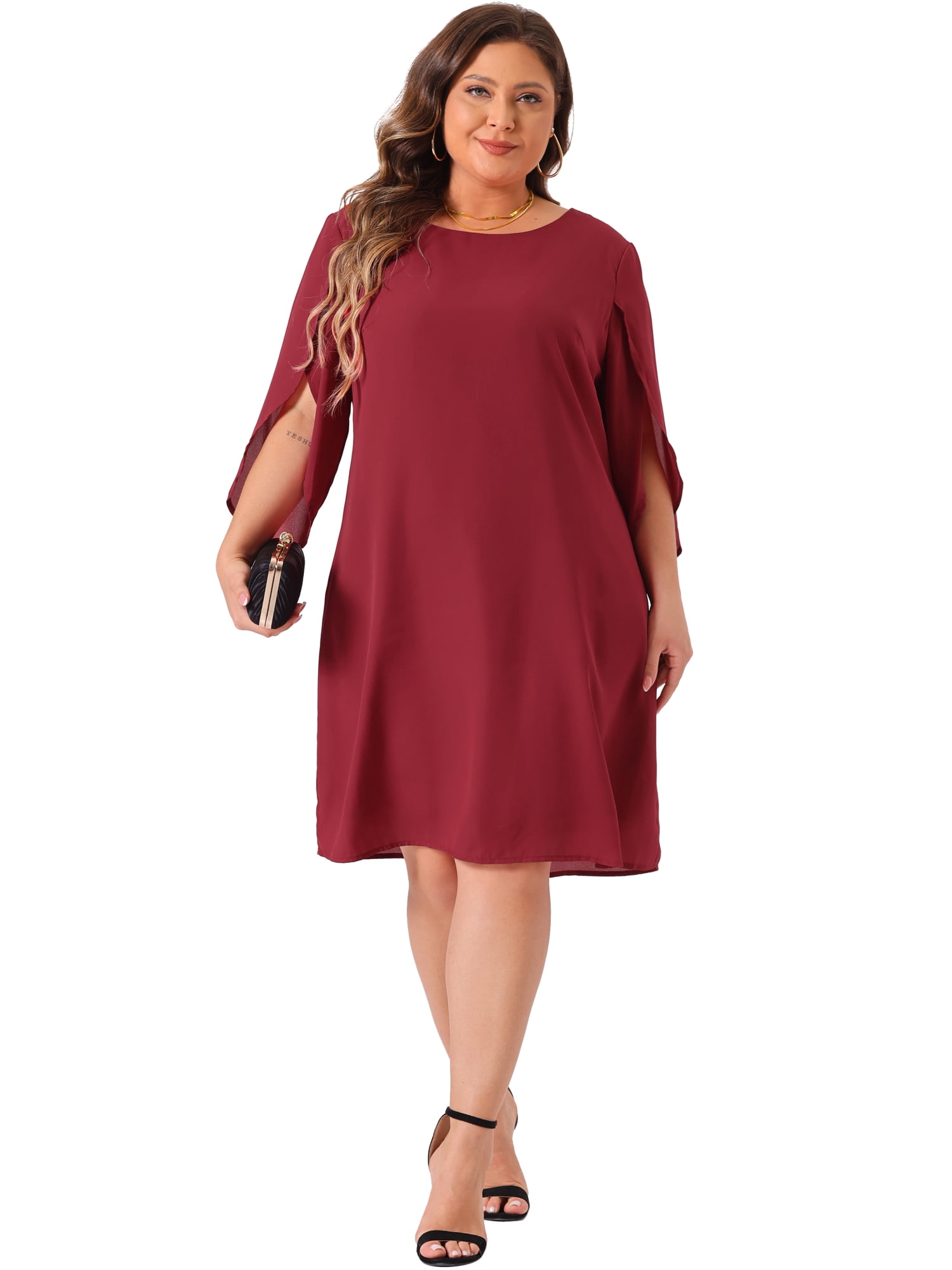 DARING DIVA Plus Size Chiffon 3/4 Flutter Sleeve Crew Neck Cocktail Dress 3X Burgundy
