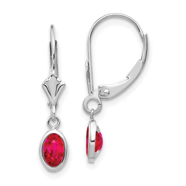 Boucles d'Oreilles Ovales en Or Blanc 14K 6x4 Levier de Juillet/rubis