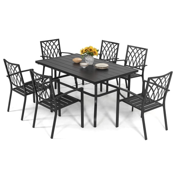 Nuu Garden 7 Pieces Outdoor Patio Dining Set, Stackable Patio Dining Chair and Rectangle Table Set with 1.57'' Umbrella Hole for 6 People, for Patios, Backyard, Balcony, Garden, Black