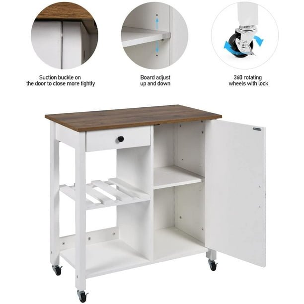 Farmhouse Kitchen Island on Wheels, Rolling Kitchen Cart Wheels Mobile Island, White