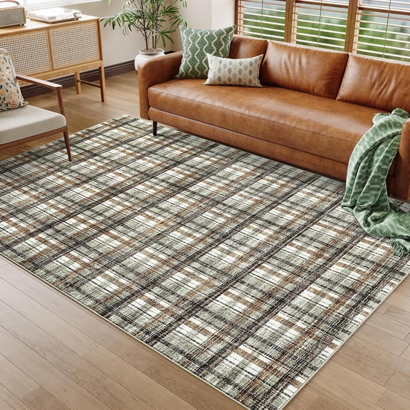 4x6 Washable Area Rug, Low Pile Plaid Faux Wool Rug with Non Slip TPR Backing, Soft Foldable Indoor Carpet for Living Room, Bedroom, Dining Room, Home Office,Green Coffee
