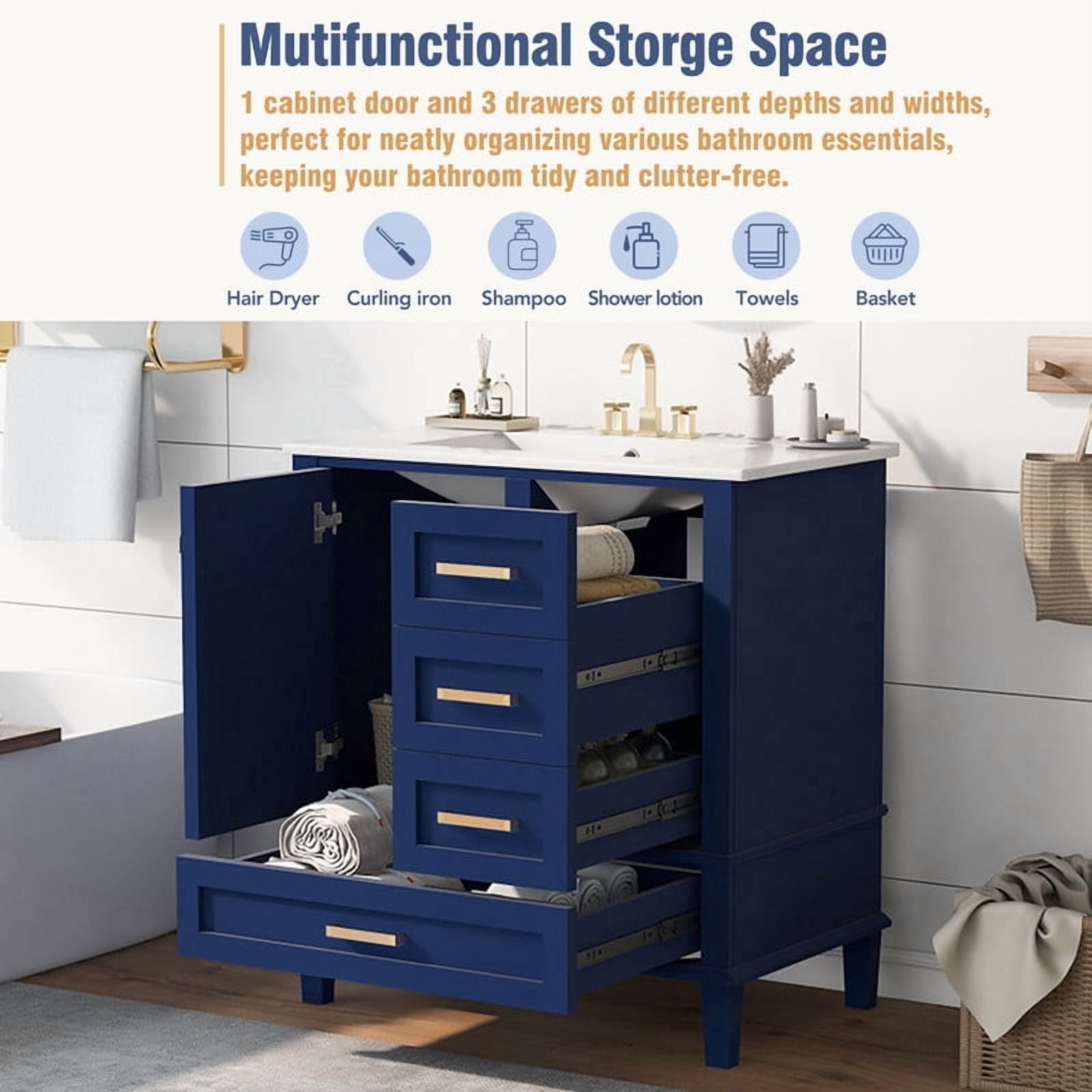 Bellemave 30" Bathroom Vanity with Sink, Cabinet with Sink Combo Set with Top, Bathroom Storage Cabinet with 3 Drawers and 1 Soft Closing Door, 30 Inch Vanity with Sink for Bathroom（Blue）