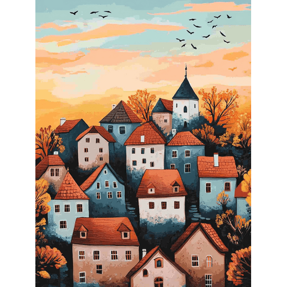 Autumn Village Houses Canvas Painting， Suitable for Living Room， Bedroom， Dining Room， Office， and Hallway Decoration.