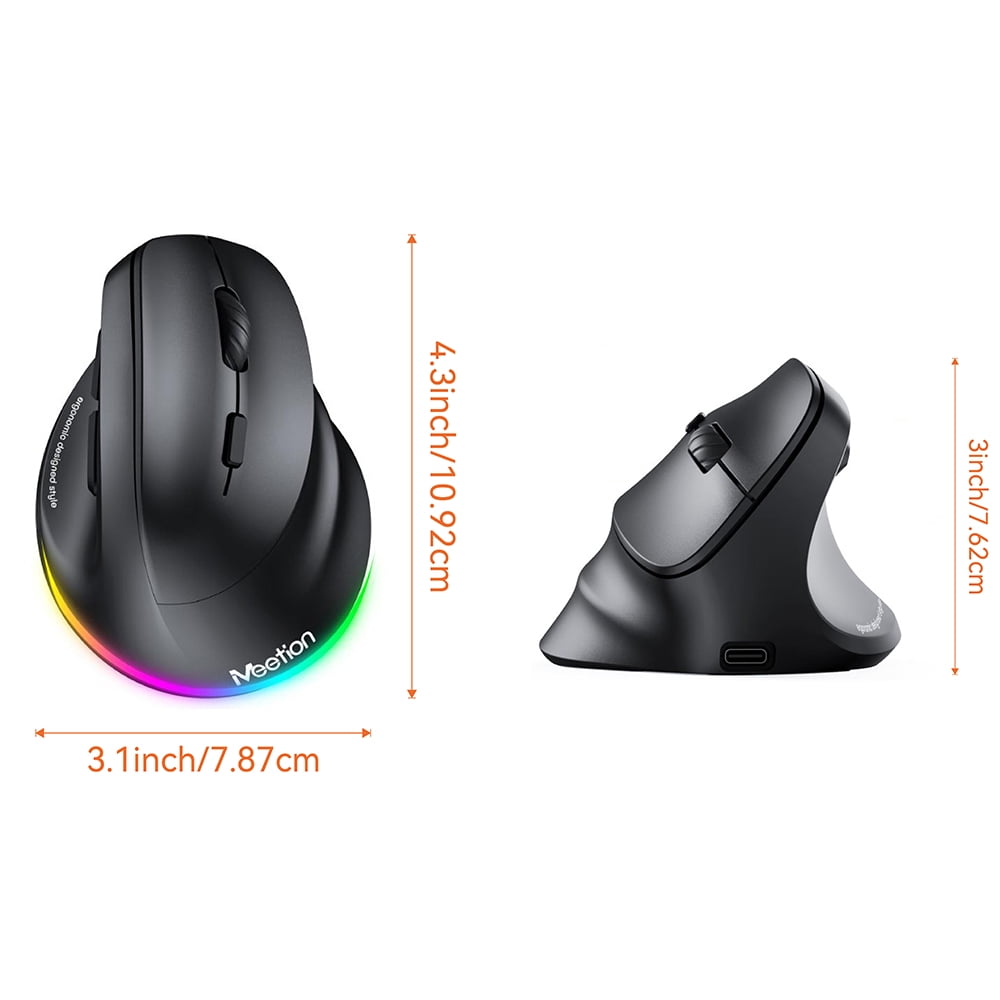 MEETION Wireless Mouse, Vertical Ergonomic Design, Rechargeable via Type-C, Bluetooth & 2.4G, Large Comfort Grip, Black