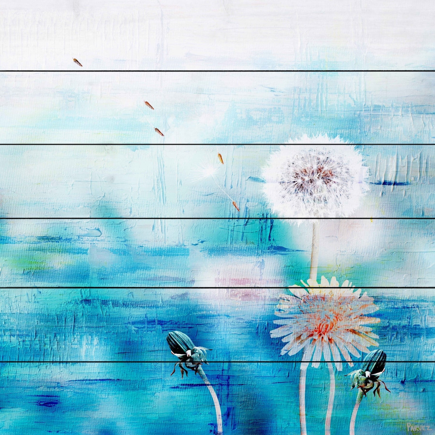 "Dandy Puffs on Blue" Painting Print on White Wood