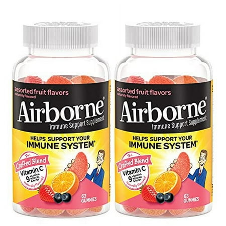 Airborne 750mg Vitamin C Gummies For Adults  Immune Support Gummies With Powerful Antioxidants Vit C & E - (2x63 count bottle)  Assorted Fruit Flavor