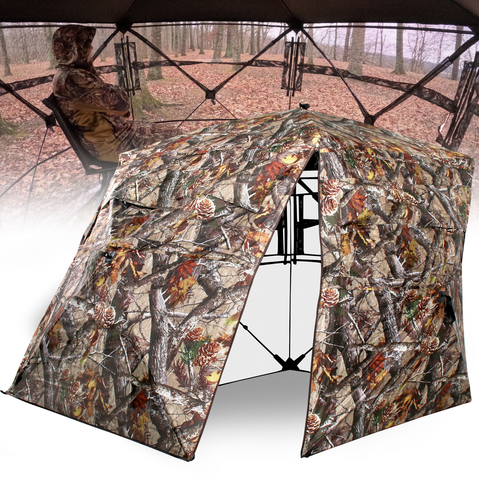 Pop Up Ground Blind With 270° See-Through Windows – Portable 5-Hub Hunting Shelter For 2-3 Persons, Deep Brush Camo