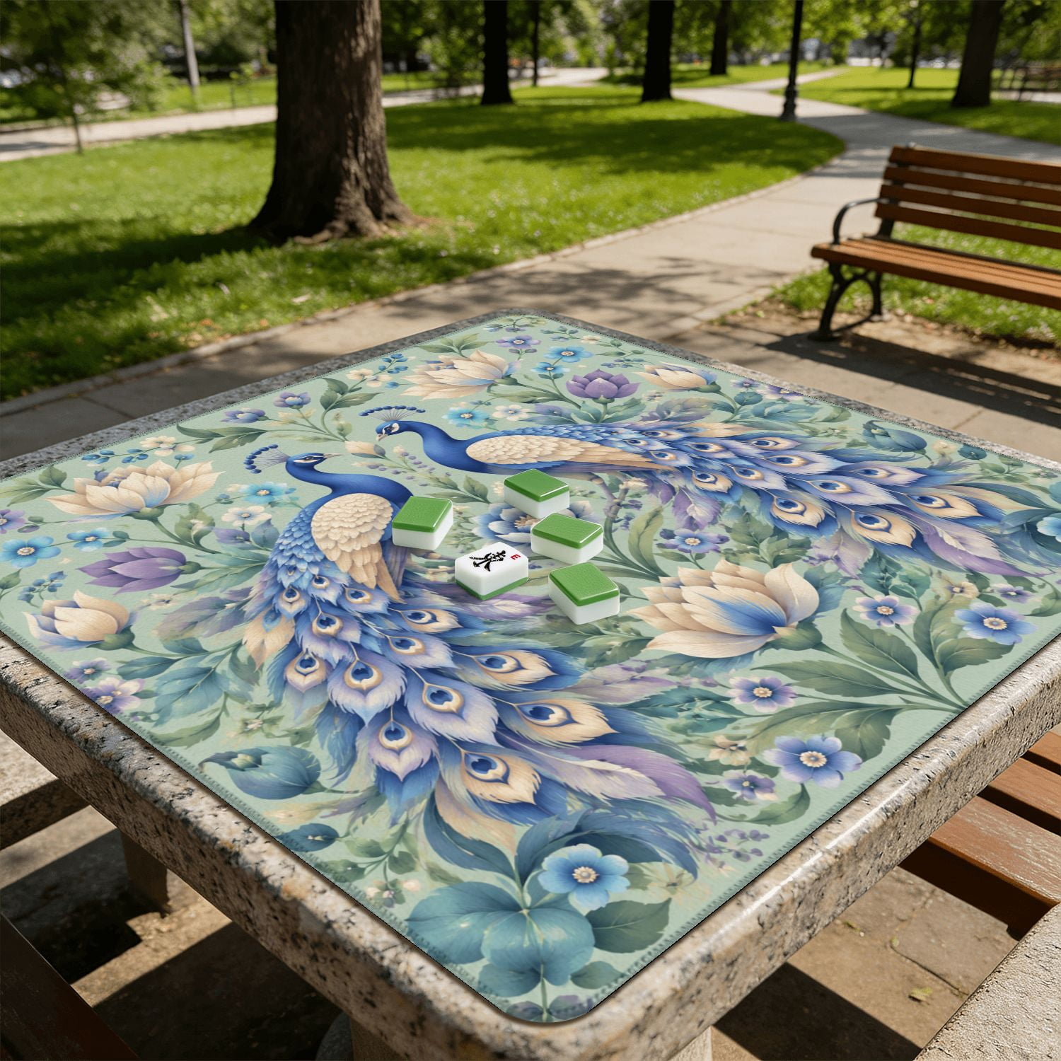 Mahjong Mat 31.5" x 31.5" Blue Purple Peacocks Floral Geometric Patterns Soft Tones Non-Slip Noise Reduction American Mahjong Tiles Table Cover for Dominoes Poker Card Board Games Gift