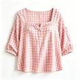 thumbnail image 5 of Edvintorg Plus Size Womens Tops Plaid Square Neck Casual Pullover Shirt Lightweight 3/4 Sleeve Loose Blouse with Button Clothes Women Pink XXL, 5 of 5