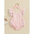 thumbnail image 2 of Bagilaanoe Newborn Baby Girl Summer Rompers Flower Print Fly Sleeve Bodysuits + Headband 6M 12M 18M 24M Infant Ruffles One Piece Jumpsuit, 2 of 7