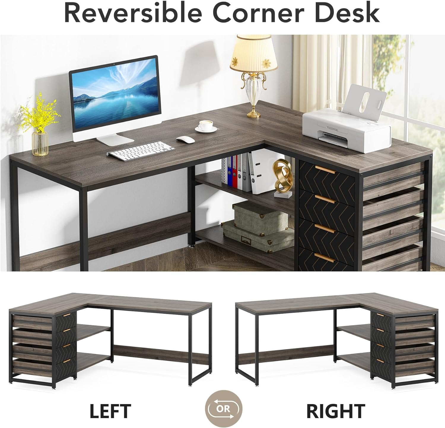 Tribesigns 59" L-Shaped Office Desk, Modern Reversible Computer Study Desk for Home Office, Gray