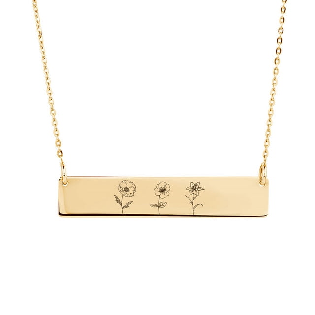 Personalized Birth Flower Family Bar Necklace for Her - Combined Birth Flower Necklace - Poppy Necklace with Back Engravable Name - Bithday gift for Mom