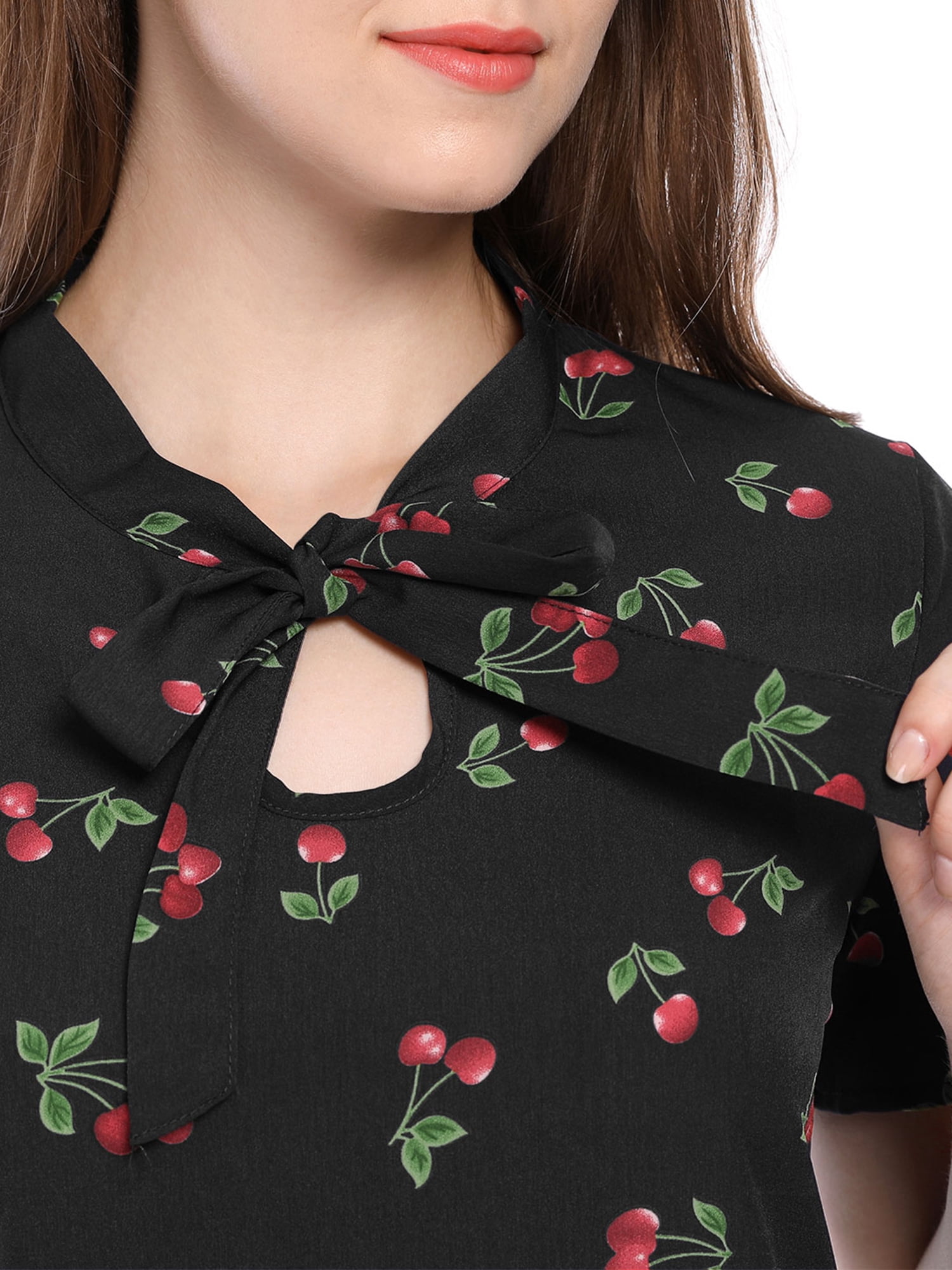 Unique Bargains Women's Cherry Printed Tie Bow Neck Short Sleeve Blouse Top Black-Cherry S