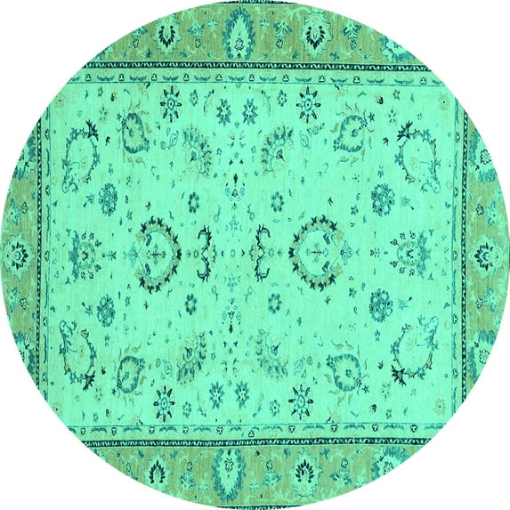 Ahgly Company Machine Washable Indoor Round Oriental Turquoise Blue Modern Area Rugs, 7' Round