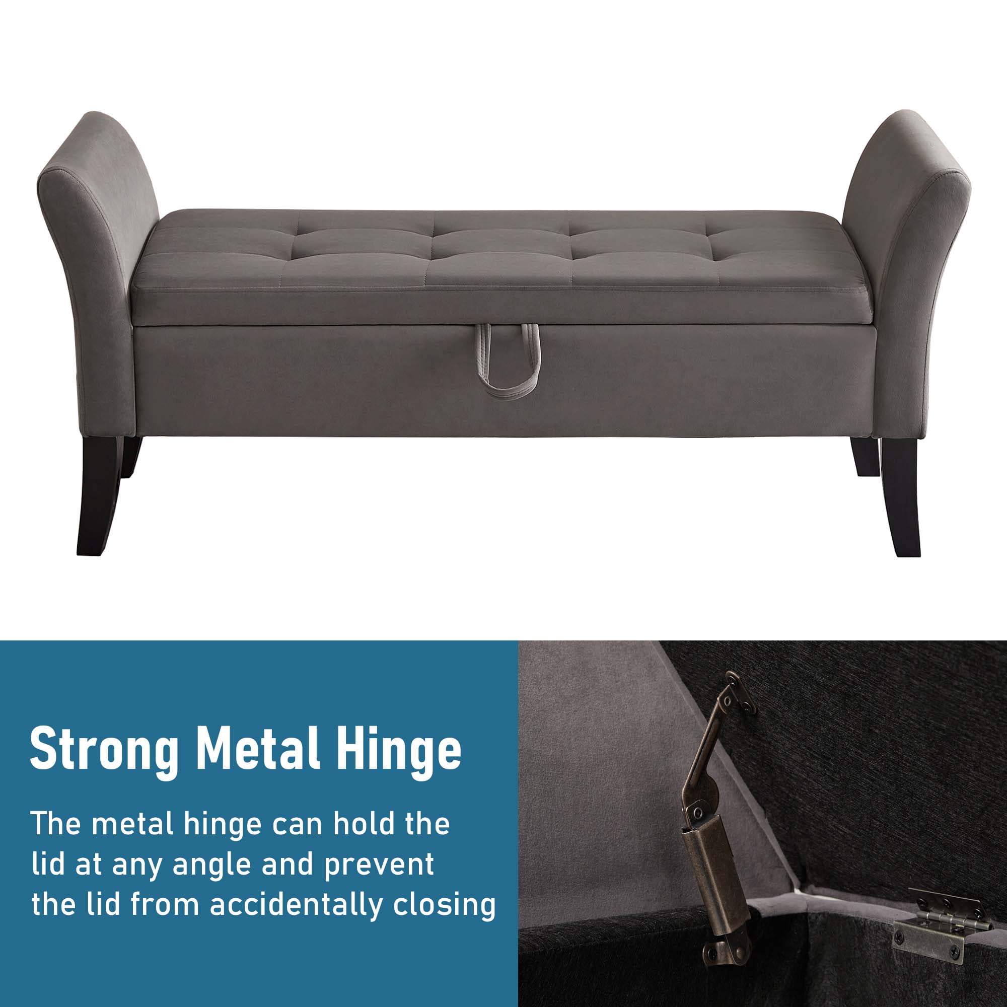 Aukfa End of Bed Bench with Curved Arms, 51.5" Velvet Tufted Upholstered Storage Ottoman Entryway Bench - Gray