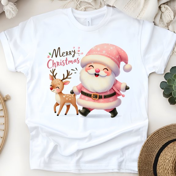 Merry Christmas T-Shirt | Cute Santa & Reindeer Holiday Graphic Tee, White, Size S
