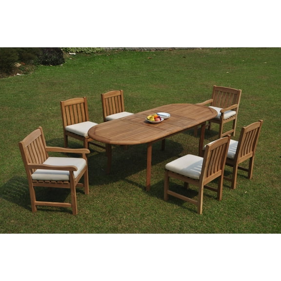 Grade-A Teak Dining Set: 6 Seater 7 Pc: 94" Double Extension Oval Table And 6 Devon Chairs (2 Arm & 4 Armless Chairs) Outdoor WholesaleTeak #WMDV30