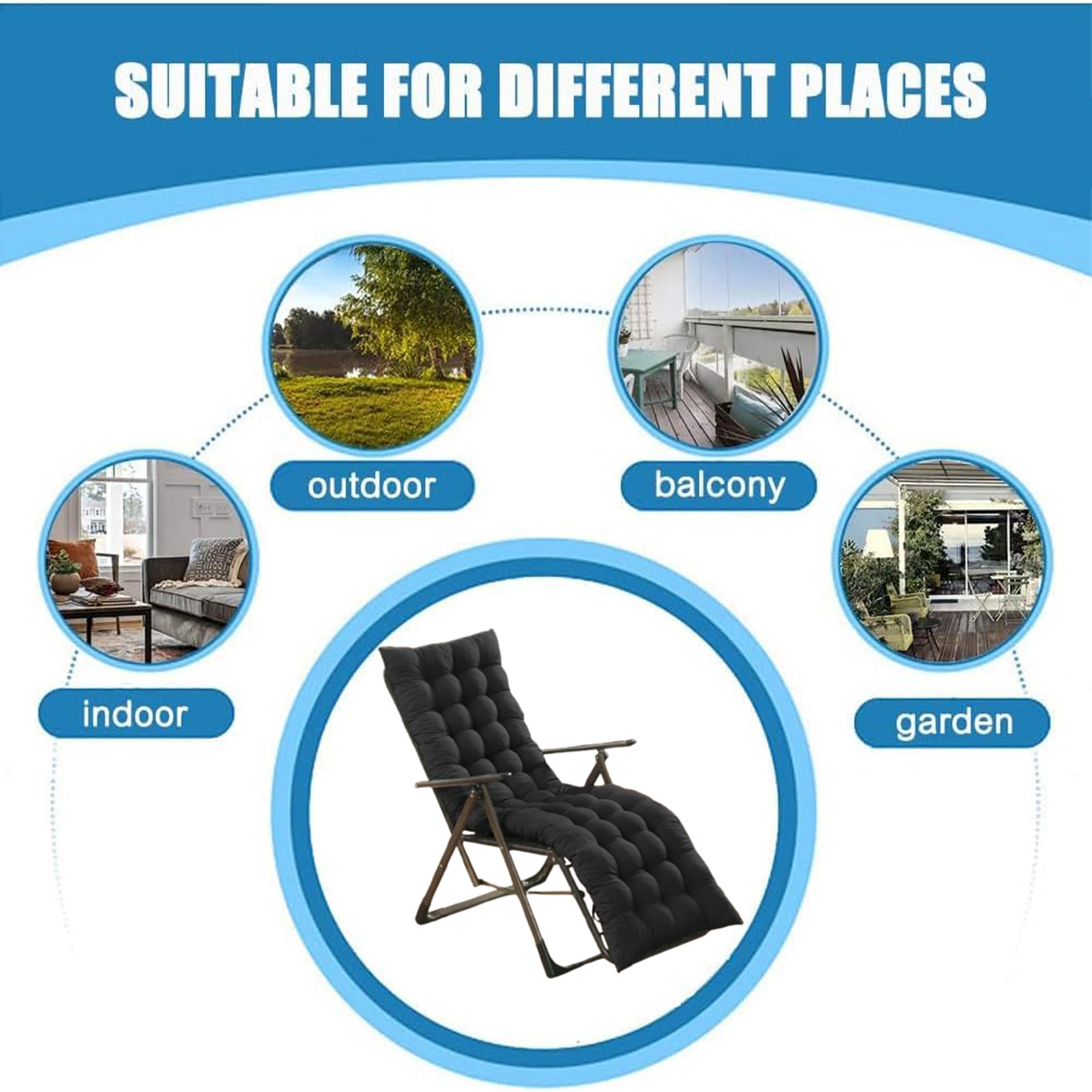 Bxaolu Chaise Lounge Cushions Soft Lounge Chair Cushion Gravity Chair Cushion Sofa Lawn Furniture Cushion Pad with 6 Tie for Outdoor Indoor Patio Home, 62.5 x 19 Inch, Black