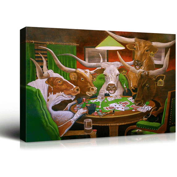 Rosework Framed Canvas Wall Art, 40x30 Inch, Cows Playing Poker, Made In USA
