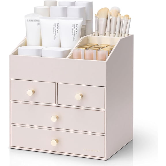 Makeup Organizer Countertop,Large Vanity Organizer PU Leather Make up Storage with 4 Drawers Skincare Organizer Cosmetic Display Case for Lipstick,Brushes-Apricot White