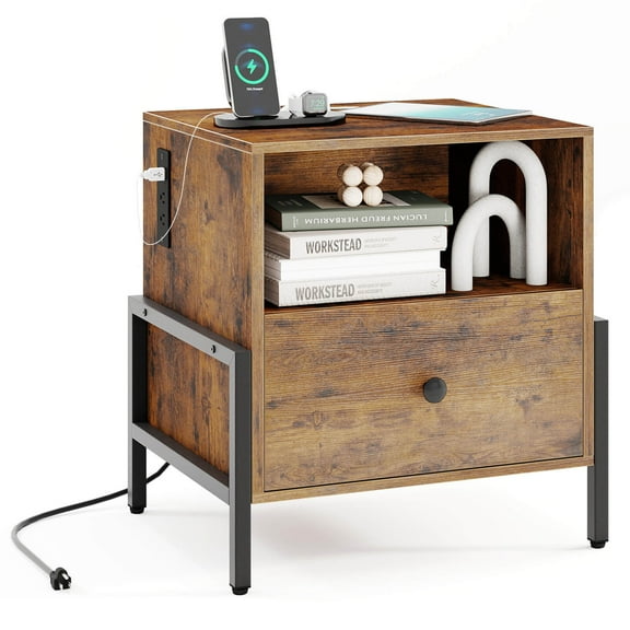 Costway Set of 1 Nightstand with Charging Station Bedside Table with Storage Shelf Side Table