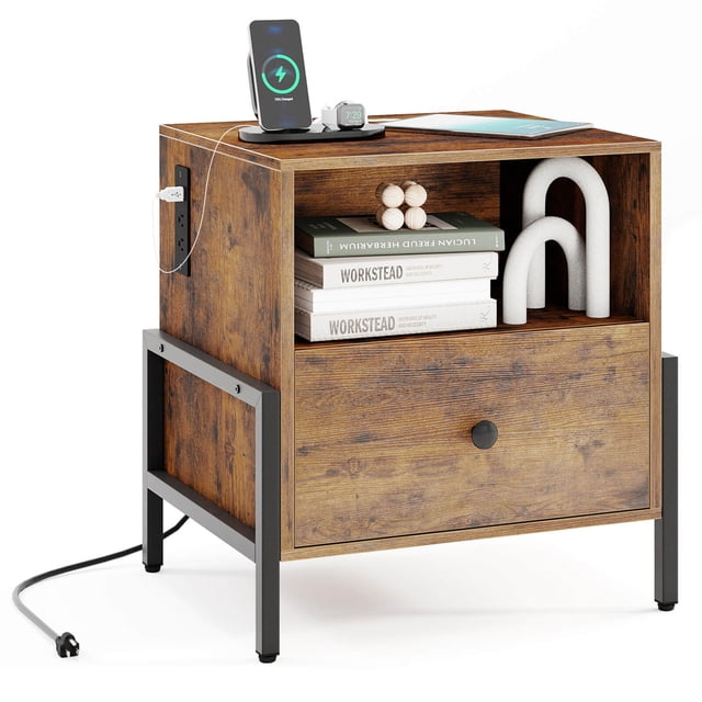 Costway Ensemble de 1 Table de Nuit avec Station de Recharge Table de Chevet avec Tablette de Rangement Table d'Appoint