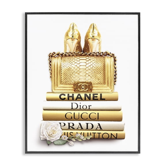 Stupell Industries Traditional Divine Golden Fashion Purse on Glam Designer Bookstack Black Framed Giclee Art, 11 x 14, by Ros Ruseva