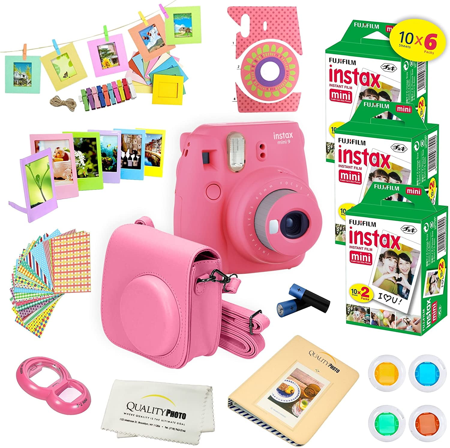 Fujifilm Instax 9 Camera Pink + 15 PC Accessory Kit for Fujifilm instax mini 9 Instant Camera Includes: 40 Fuji Instax Films + Case + + Colored lenses + Assorted color/Style frames + MORE - Walmart.com