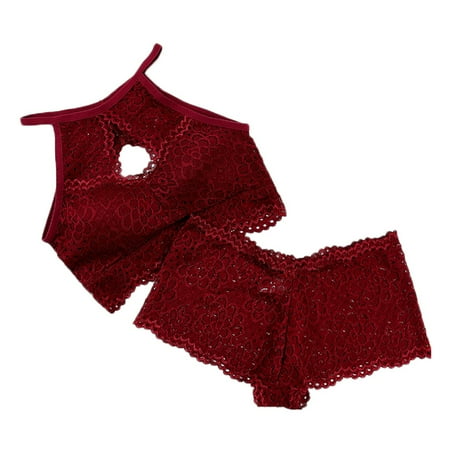 

Monfince Women Lace Lingerie Set 2-piece Sexy Underwear Set Mesh Sheer Tube Top Bra+ Short Panties for Lady (Red)