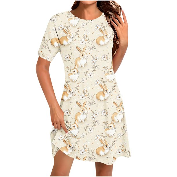 Vestido Corto para las Mujeres Cuello Redondo Manga Corta Impresa Suéter, Moda Casual Estilo Línea