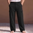 thumbnail image 4 of Mens Baggy Cargo Pants Cotton Linen Button Closure Loosepants Casual Outdoors Work Black 2XL, 4 of 9